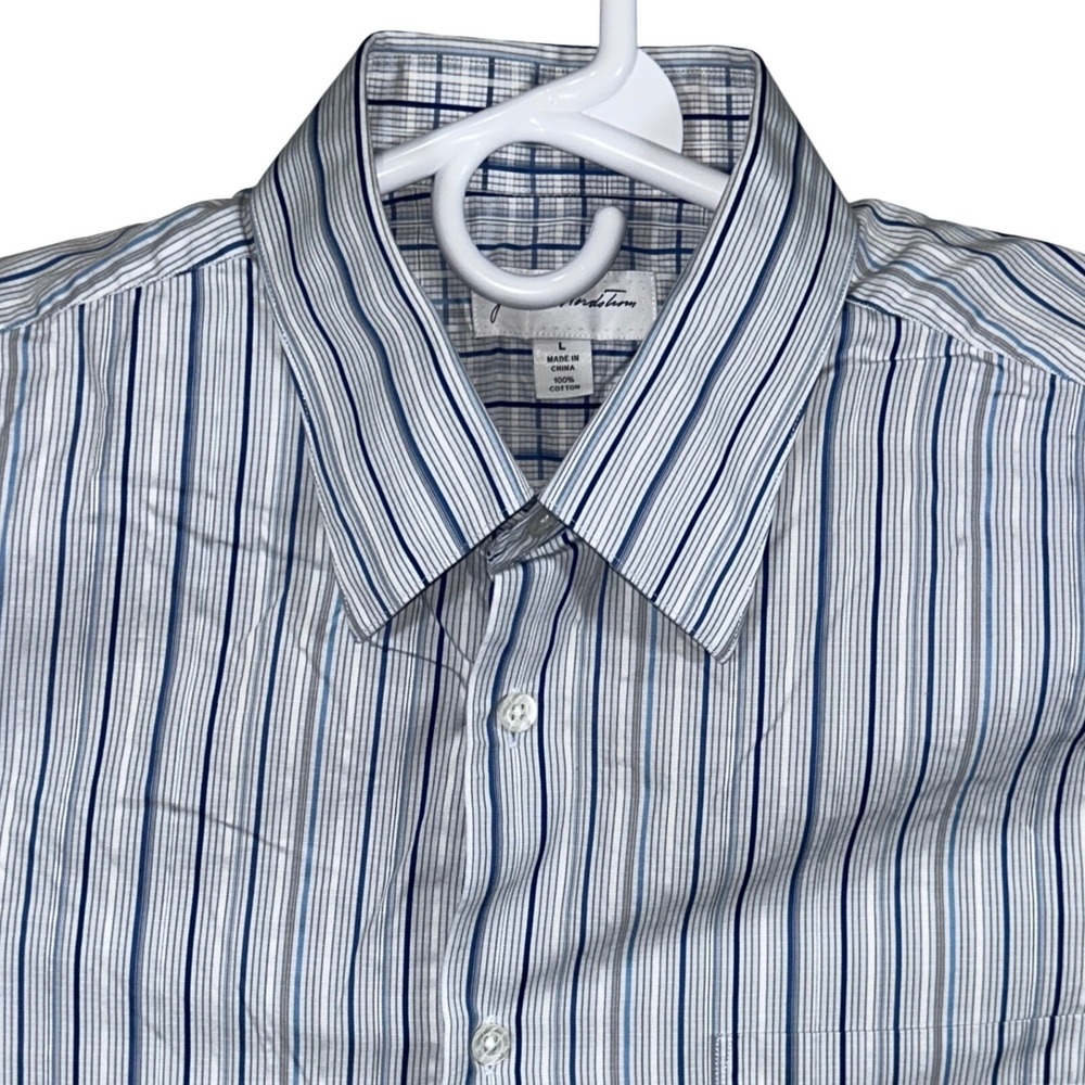 John W Nordstrom Mens Large Blue Striped Long Sleeve Cotton Button Down Shirt